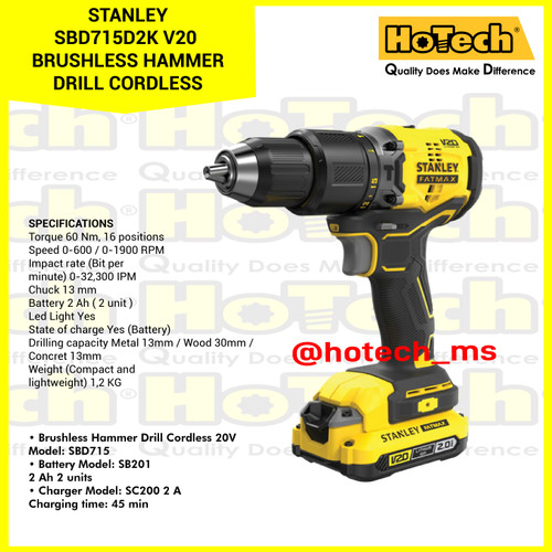 [EZM.5600739] STANLEY|V20 BRUSHLESS HAMMER DRILL CORDLESS|SBD715D2K