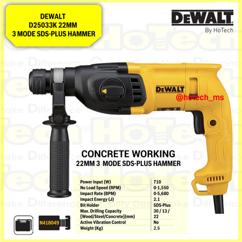 [EZM.5600748] DEWALT 22mm 2kg 3 mode SDS Plus Hammer|D25033K| Bor