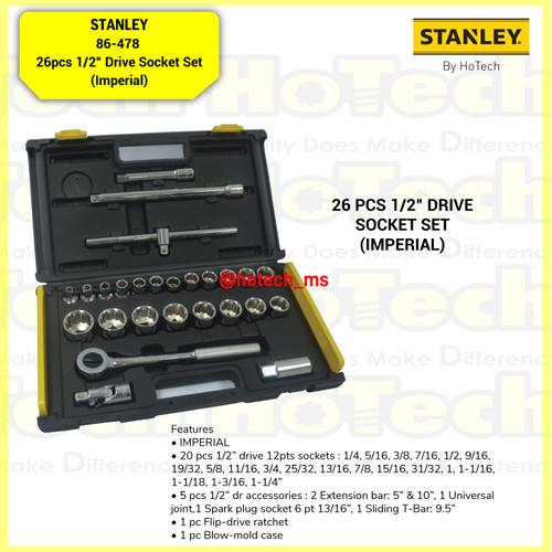 [EZM.5600764] STANLEY Kunci Shock | 86-478 26pcs 1/2” Drive Socket Set (Imperial)