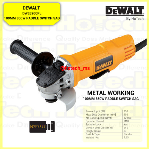 [EZM.5600772] DEWALT Metal Working DWE8200PL| 100mm 850W SAG Paddle Switch