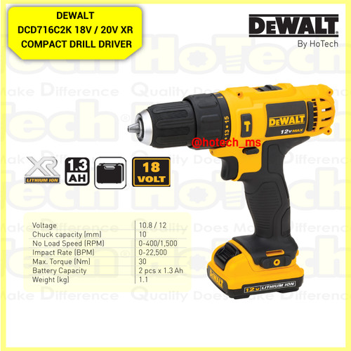 [EZM.5600779] DEWALT DCD716C2K-B1 10.8V XR Li-Ion Compact Hammer Drill 1.3Ah