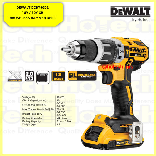 [EZM.5600781] DEWALT DCD796D2-B1 18V XR Li-Ion Brushless Hammer Drill 2.0Ah