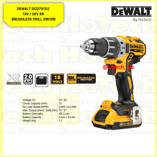 [EZM.5600783] DEWALT DCD791D2-B1 18V XR Li-Ion Brushless Drill Driver 2.0Ah