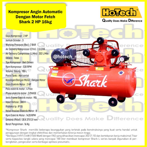 [EZM.5601036] Kompresor Angin 2 Hp | SHARK | Air Compressor 2 Hp 3 Phase Tanki 100L