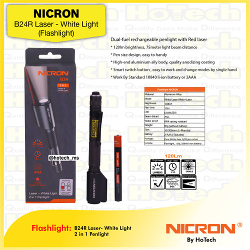 [EZM.5601084] NICRON B24R | Dual-fuel Rechargeable Penlight with Red Laser