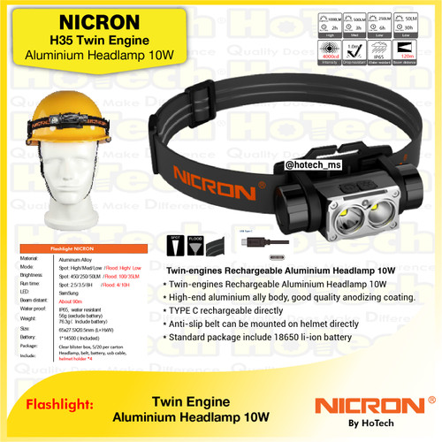 [EZM.5601086] NICRON H 35 | Twin-engines Rechargeable Aluminium Headlamp 10W