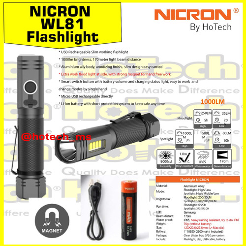 [EZM.5601088] Nicron | WL81 | WL 81 |USB Rechargeable Slim Working Flashlight 1000LM