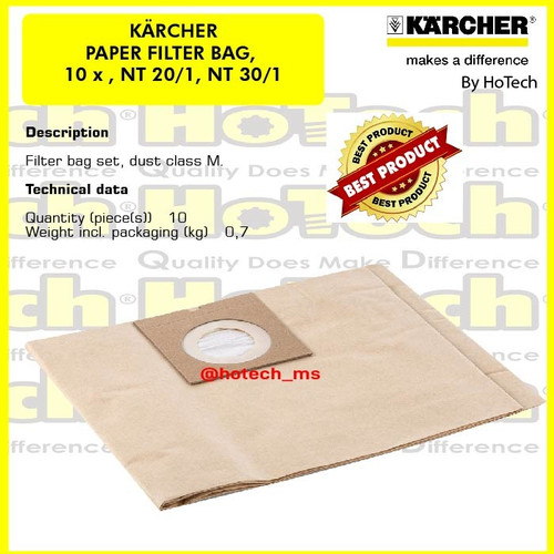 [EZM.5601180] Karcher Paper Filter Bags For Vacuum Cleaner NT 20/1 | NT 30/1