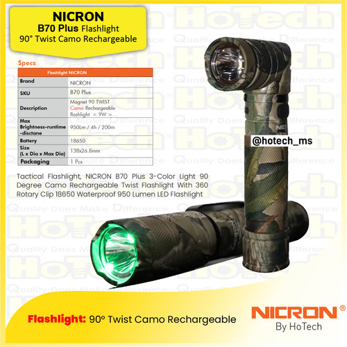 [EZM.5601361] Flashlight  Nicron - Senter B70 Plus 3-Color Light 90°