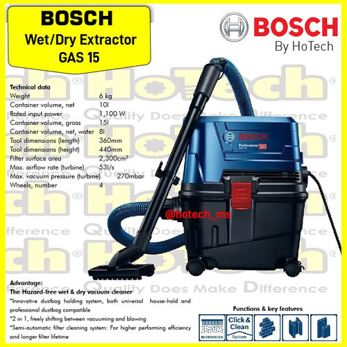 [EZM.5601738] Bosch Wet & Dry Vacuum Cleaner Heavy Duty GAS 15 Professiona 10L 1100W