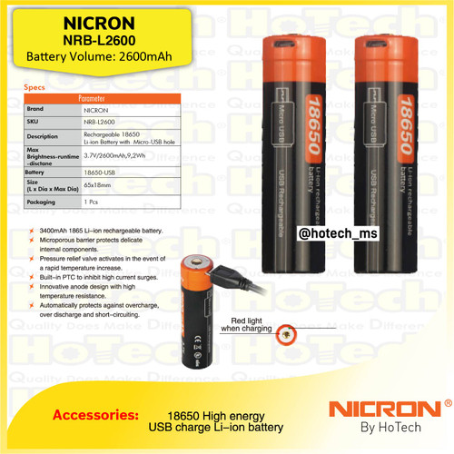 [EZM.5601825] NICRON NRB-L2600 | Rechargeable 18650 Li-ion Battery w/ USB Hole