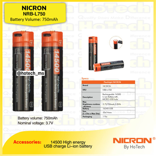 [EZM.5601826] NICRON NRB-L750 |Rechargeable 14500 Li-ion Battery w/ USB Hole