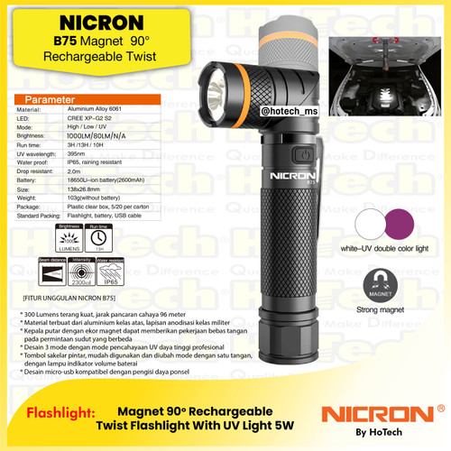 [EZM.5601827] NICRON Flashlight B75 Twist Flashlight | B 75 Magnet 90° Rechargeable