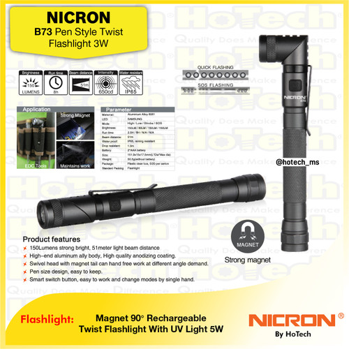 [EZM.5601829] NICRON B73 Pen Style Twist Flashlight 150 Lumen | Senter LED
