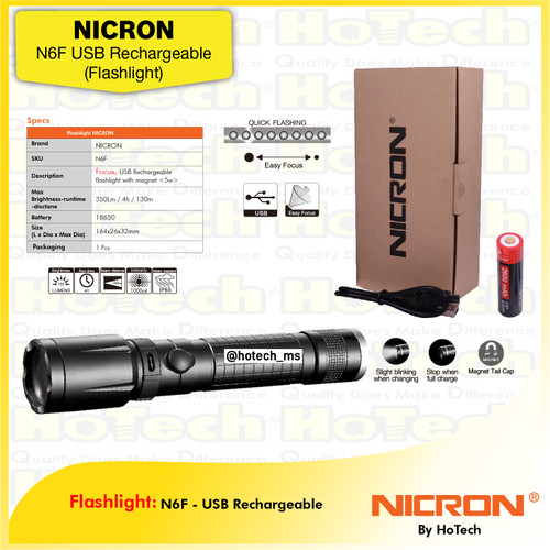 [EZM.5601832] NICRON N6F | Focus Magnet USB Rechargeable Flashlight | Senter Magnet