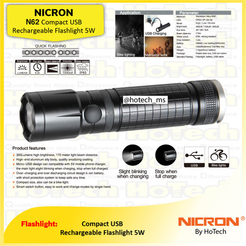 [EZM.5601833] NICRON N62 | Compact USB Rechargeable Flashlight | 300 Lumen Senter