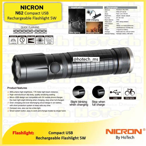 [EZM.5601833] NICRON N62 | Compact USB Rechargeable Flashlight | 300 Lumen Senter