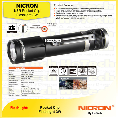 [EZM.5601834] NICRON Flashlight | N3 100 Lumen Pocket Clip Flashlight Simple