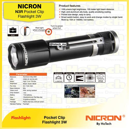 [EZM.5601834] NICRON Flashlight | N3 100 Lumen Pocket Clip Flashlight Simple