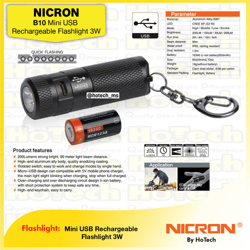 [EZM.5601836] NICRON B 10| USB Rechargeable Mini Flash Light | 200 Lumen Senter LED