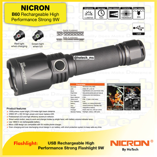 [EZM.5601844] NICRON B60 Flashlight | USB Rechargable Strong Flash Light ( 9W )