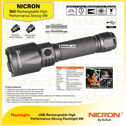 [EZM.5601844] NICRON B60 Flashlight | USB Rechargable Strong Flash Light ( 9W )