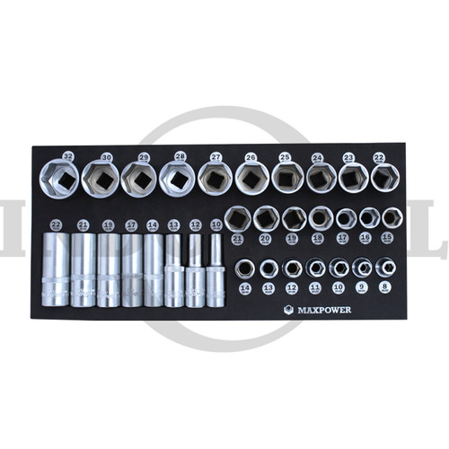 [EZM.5200230] 32 PCS 1/2" DR. SOCKET SET 6 PT , TOOL TRAY 18.5 X 39.5 CM MAXPOWER