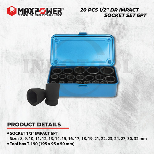 [EZM.5201702] 20 PCS 1/2 " DR IMPACT SOCKET 6PT MK-011 MAXPOWER