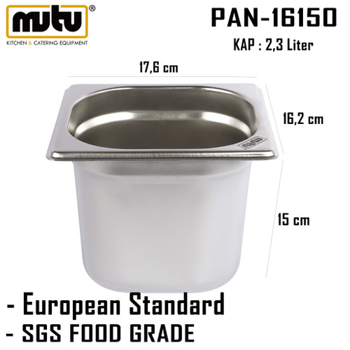 [EZO.5100187] gastronom Pan 1/6 ketinggian 15 cm stainless steel Mutu PAN-16150
