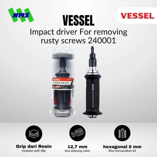 [EZM.1040013] Obeng Ketok VESSEL Impact Driver Set No. 240001 Resin Grip Magnet Gagang Bola Sekrup Karat Dol