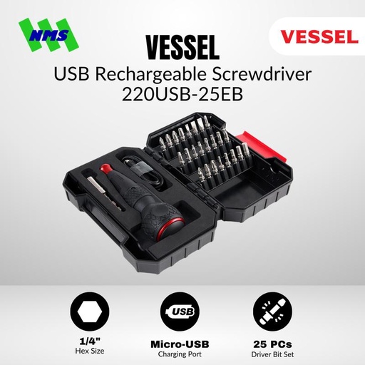 [EZM.1040018] Obeng Listrik VESSEL Electric Screwdriver Ball Grip No.220USB-25EB with 25 pcs Bit Set Baterai Portable Japan