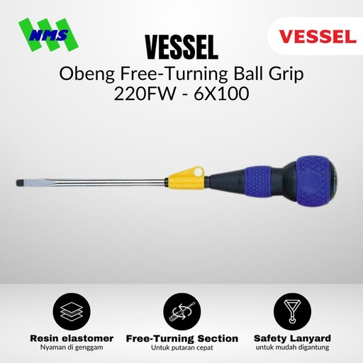 [EZM.1040019] Obeng Plus Minus VESSEL Free-Turning Ball Grip Screwdriver No 220FW Magnet Gagang Bulat Tali Pengaman Safety Lanyard