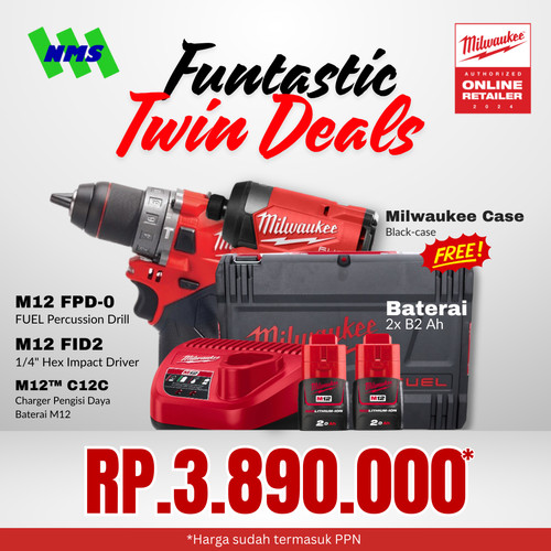 [EZM.1040020] Mesin Obeng Bor Milwaukee M12 FID2-0 Hex 1/4" Compact Impact Driver 3600 rpm 170Nm Generasi 3 M12 FPD-0 Percussion Drill - Special Bundling Fullset Baterai Charger Siap Pakai