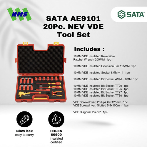 [EZM.1040027] Kunci Set SATA AE9101 20Pc. NEV VDE Tool Set Tahan Listrik - Motor Mobil EV Electric Vehicle