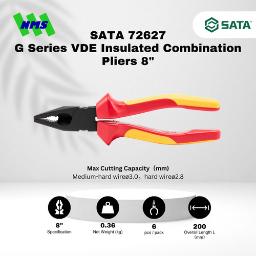 [EZM.1040032] Tang Kombinasi SATA 72627 G-Series VDE Combination Pliers 8" Inci 200mm Tahan Listrik - Motor Mobil EV Electric Vehicle