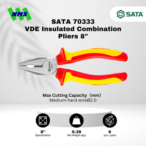 [EZM.1040033] Tang Potong SATA 70333 VDE Insulated Linesman Pliers 8" Inci 200mm Tahan Listrik - Motor Mobil EV Electric Vehicle