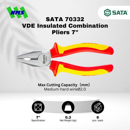 [EZM.1040034] Tang Potong SATA 70332 VDE Insulated Linesman Pliers 7" Inci 175mm Tahan Listrik - Motor Mobil EV Electric Vehicle