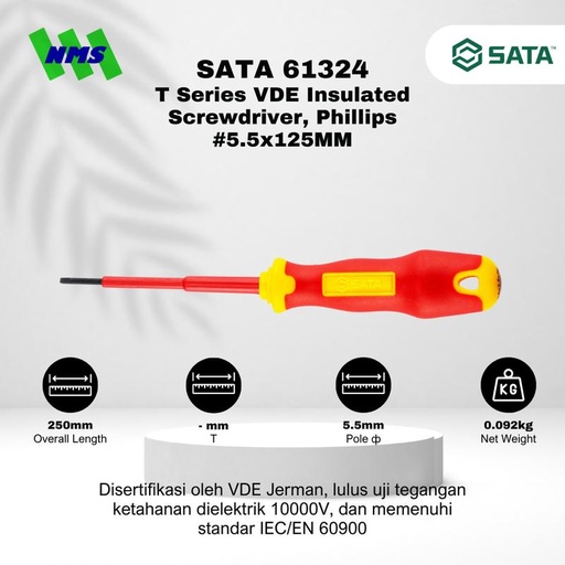 [EZM.1040042] Obeng Minus SATA 61324 VDE Insulated Screwdriver Slotted 5.5X125 Tahan Listrik - Motor Mobil EV Electric Vehicle