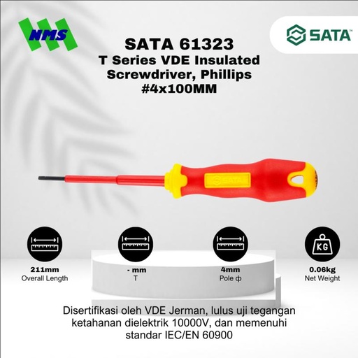 [EZM.1040045] Obeng Minus SATA 61323 VDE Insulated Screwdriver Slotted 4X100 Tahan Listrik - Motor Mobil EV Electric Vehicle