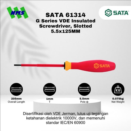 [EZM.1040047] Obeng Minus SATA 61314 G-Series VDE Insulated Slotted Screwdriver 5.5X125 Tahan Listrik - Motor Mobil EV Electric Vehicle