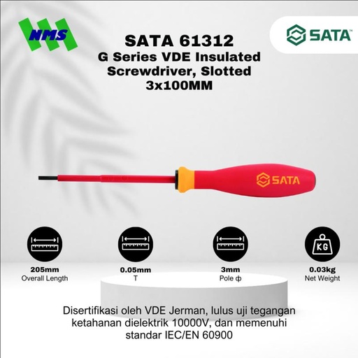 [EZM.1040049] Obeng Minus SATA 61312 G-Series VDE Insulated Slotted Screwdriver 3X100 Tahan Listrik - Motor Mobil EV Electric Vehicle