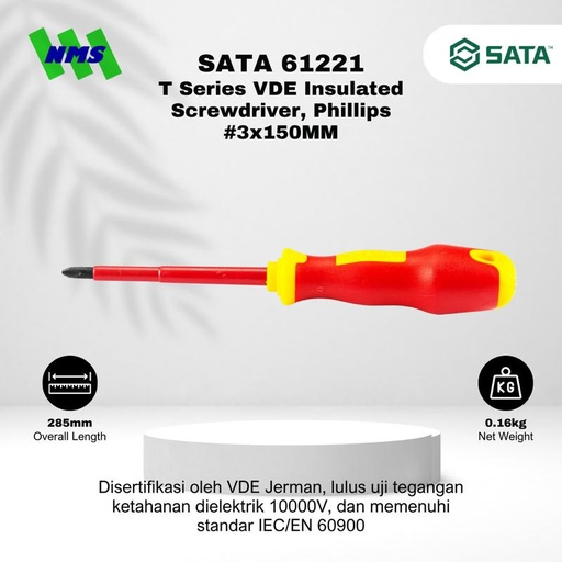 [EZM.1040051] Obeng Plus SATA 61224 VDE Insulated Screwdriver Phillips #3X150 Tahan Listrik - Motor Mobil EV Electric Vehicle