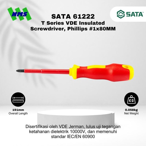 [EZM.1040053] Obeng Plus SATA 61222 VDE Insulated Screwdriver Phillips #1X80 Tahan Listrik - Motor Mobil EV Electric Vehicle