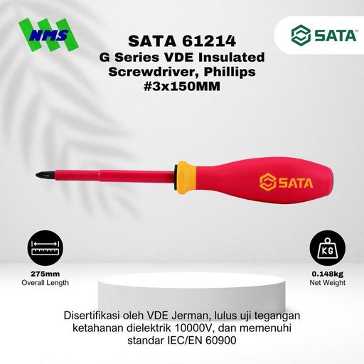 [EZM.1040055] Obeng Plus SATA 61214 G-Series VDE Insulated Phillips Screwdriver #3X150 Tahan Listrik - Motor Mobil EV Electric Vehicle