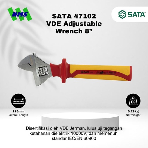 [EZM.1040060] Kunci Inggris SATA 47102 VDE Insulated Adjustable Wrench 8" Inci 200mm Tahan Listrik - Motor Mobil EV Electric Vehicle
