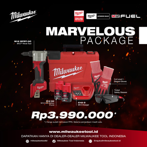 [EZM.1040083] Mesin Rivet Milwaukee M12 BPRT-202C Marvelous Package Cordless Rivet Tool Set Portable