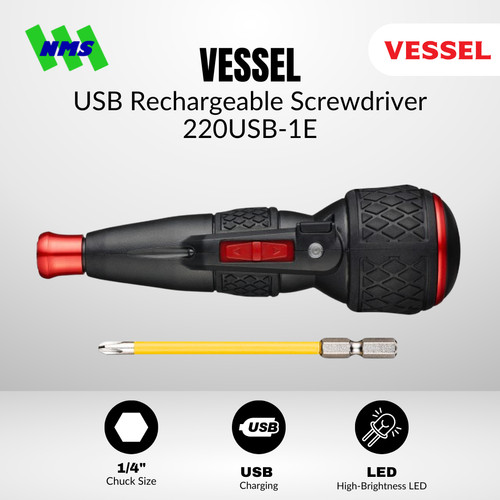 [EZM.1040101] Obeng Listrik Vessel 220USB-1EB Rechargeable Ball Grip Cordless Screwdriver Baterai Portable Electric Japan