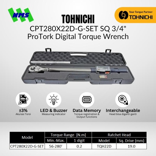 [EZM.1040102] Kunci Torsi Tohnichi CPT280X22D-G-SET SQ 3/4" ProTork Digital Torque Wrench for Tightening 56 - 280Nm / 560 - 2800 kgfcm Include Case Konci Momen CPT