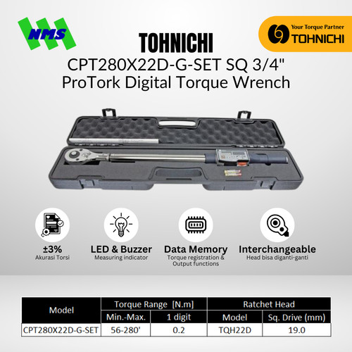 [EZM.1040102] Kunci Torsi Tohnichi CPT280X22D-G-SET SQ 3/4" ProTork Digital Torque Wrench for Tightening 56 - 280Nm / 560 - 2800 kgfcm Include Case Konci Momen CPT