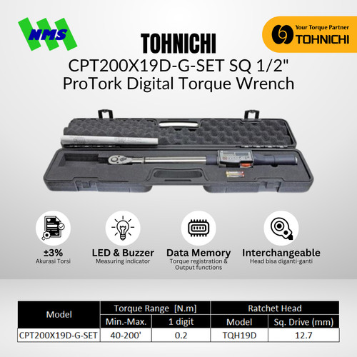 [EZM.1040103] Kunci Torsi Tohnichi CPT200X19D-G-SET SQ 1/2" ProTork Digital Torque Wrench for Tightening 40 - 200Nm / 400 - 2000 kgfcm Include Case Konci Momen CPT